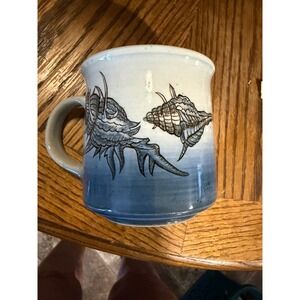 Vintage Artisan Blue Ombre Seashell Hand Painted Stoneware Coffee Mug Nautical